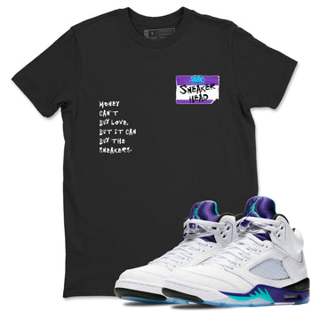 Sneakerhead Badge sneaker match t-shirt styled to complete your fit with the Air Jordan 5 Grape sneakers, shown in Black 1.