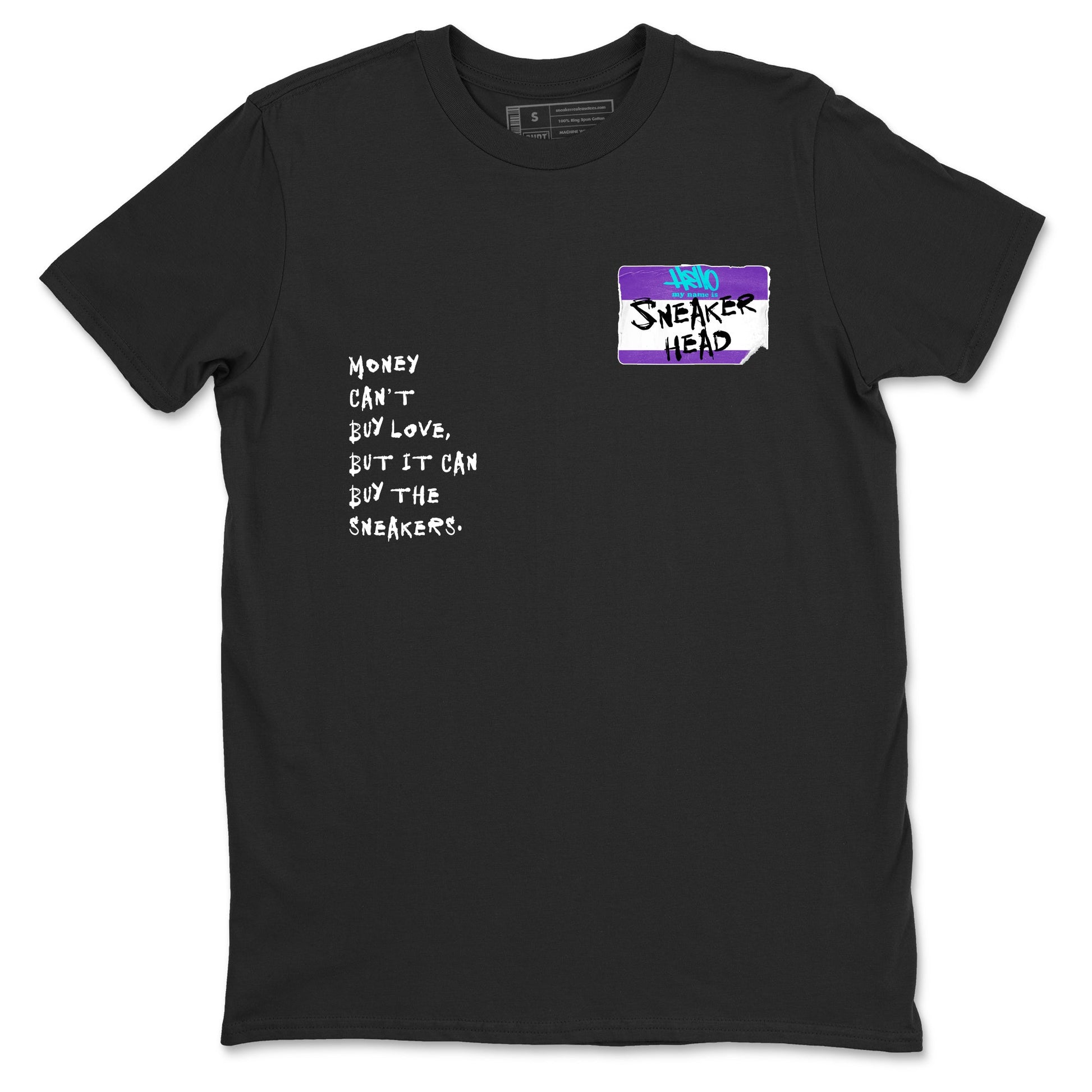 Sneakerhead Badge sneaker match t-shirt styled to complete your fit with the Air Jordan 5 Grape sneakers, shown in Black 2.