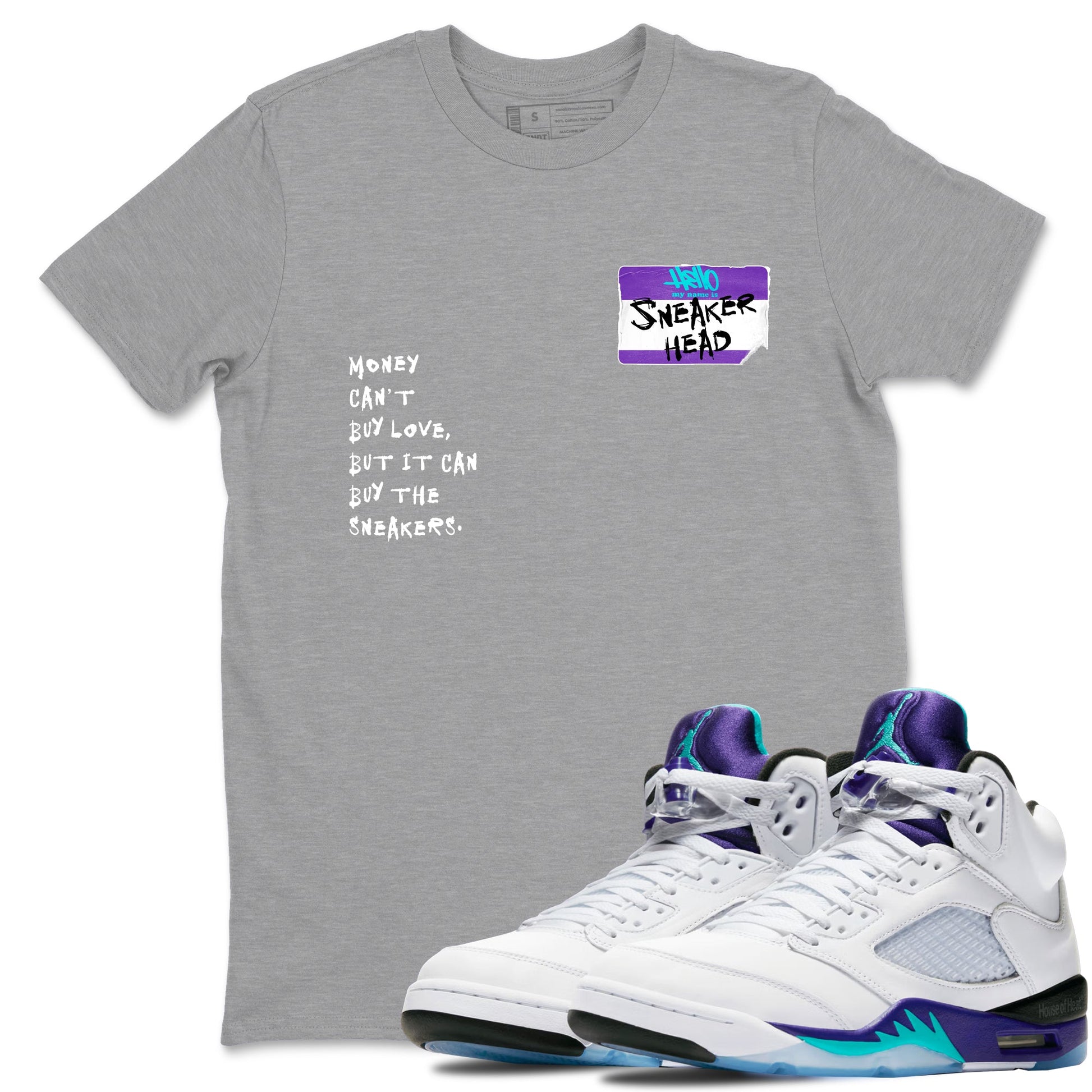 Sneakerhead Badge sneaker match t-shirt styled to complete your fit with the Air Jordan 5 Grape sneakers, shown in Heather Grey 1.