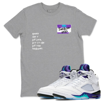 Sneakerhead Badge sneaker match t-shirt styled to complete your fit with the Air Jordan 5 Grape sneakers, shown in Heather Grey 1.