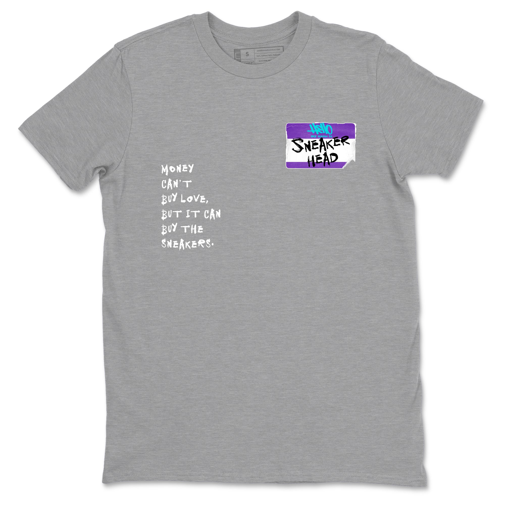 Sneakerhead Badge sneaker match t-shirt styled to complete your fit with the Air Jordan 5 Grape sneakers, shown in Heather Grey 2.