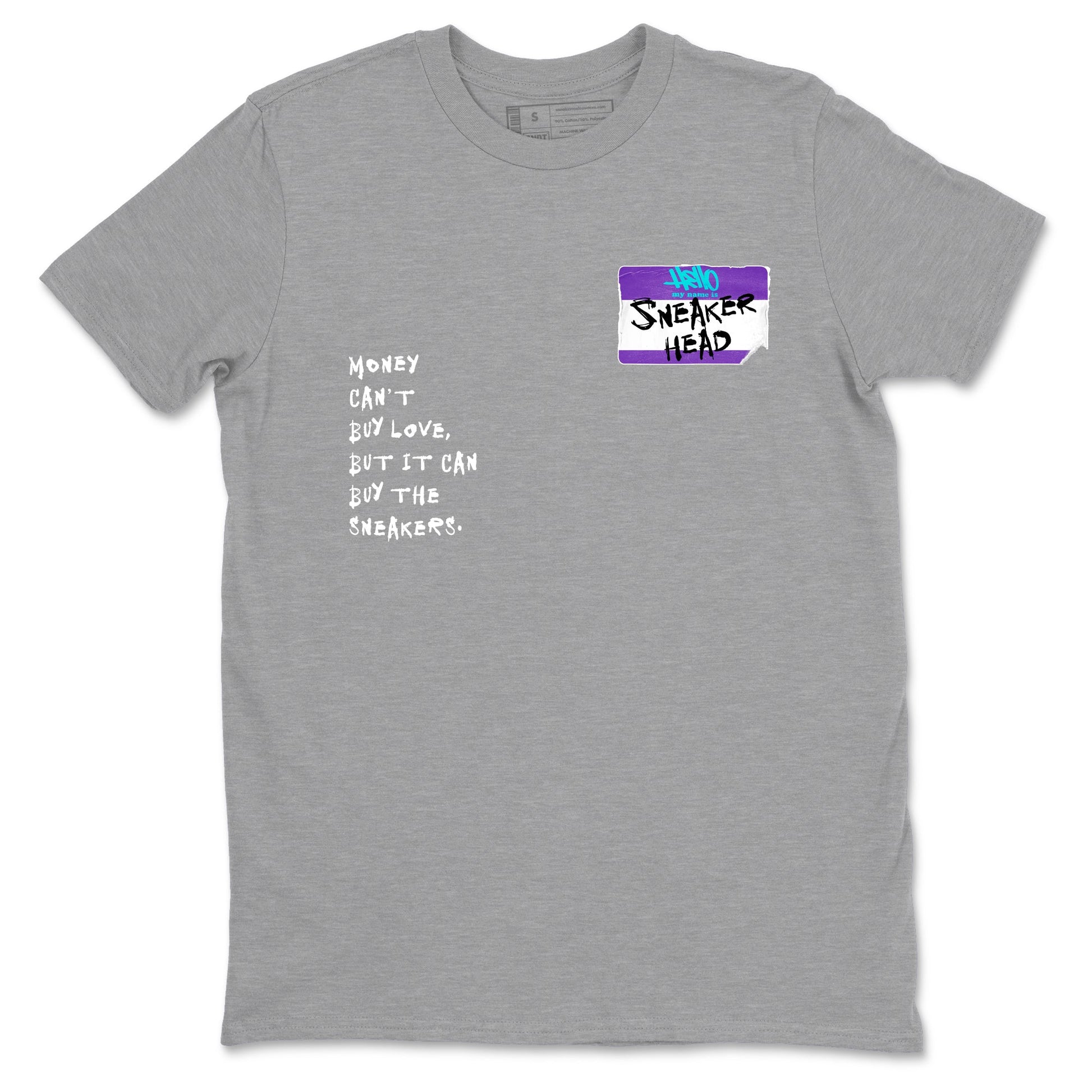 Sneakerhead Badge sneaker match t-shirt styled to complete your fit with the Air Jordan 5 Grape sneakers, shown in Heather Grey 2.