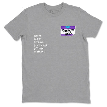 Sneakerhead Badge sneaker match t-shirt styled to complete your fit with the Air Jordan 5 Grape sneakers, shown in Heather Grey 2.