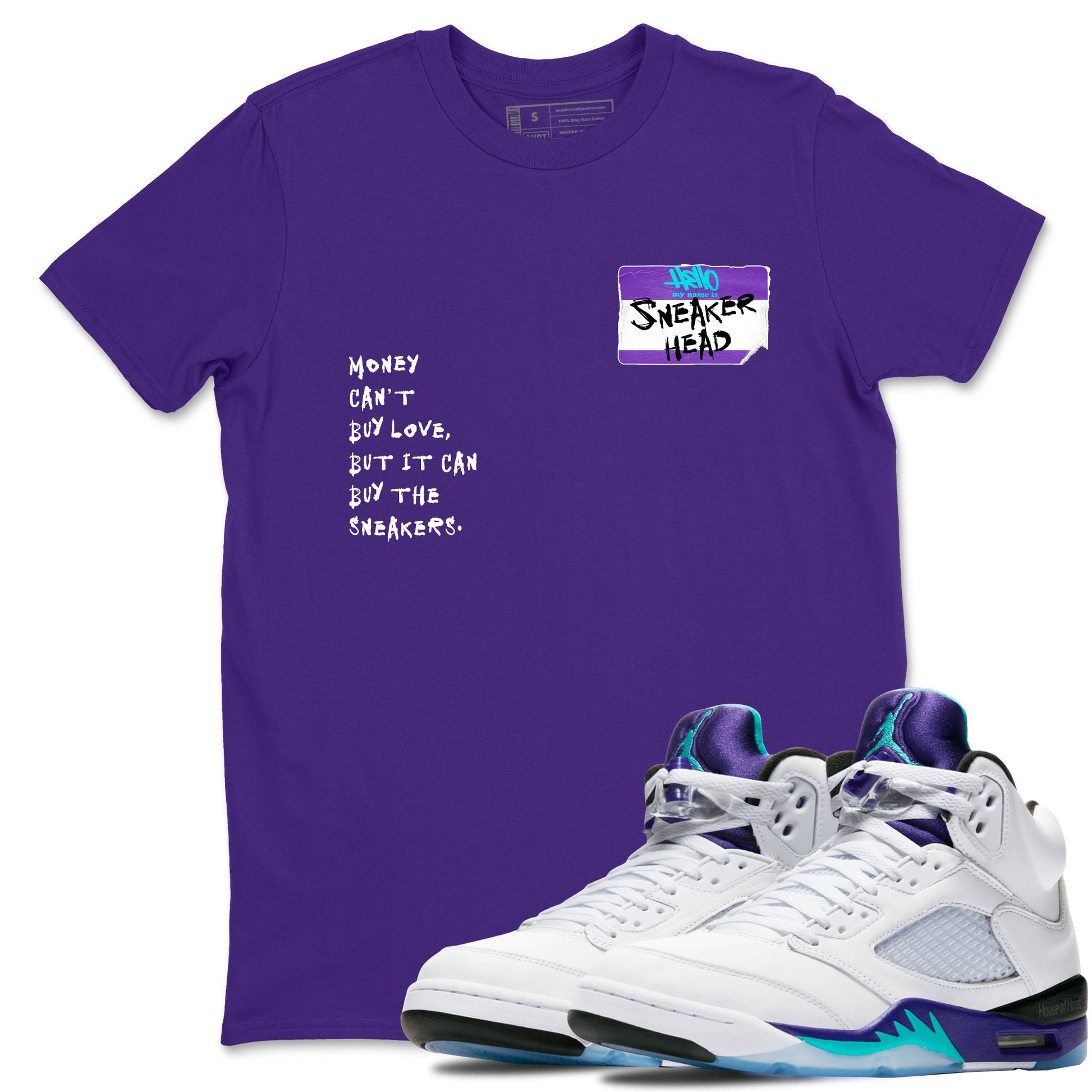 Sneakerhead Badge sneaker match t-shirt styled to complete your fit with the Air Jordan 5 Grape sneakers, shown in Purple 1.