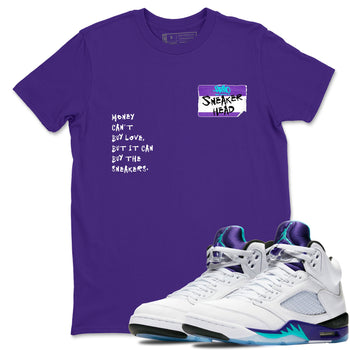 Sneakerhead Badge sneaker match t-shirt styled to complete your fit with the Air Jordan 5 Grape sneakers, shown in Purple 1.