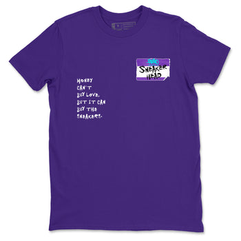 Sneakerhead Badge sneaker match t-shirt styled to complete your fit with the Air Jordan 5 Grape sneakers, shown in Purple 2.