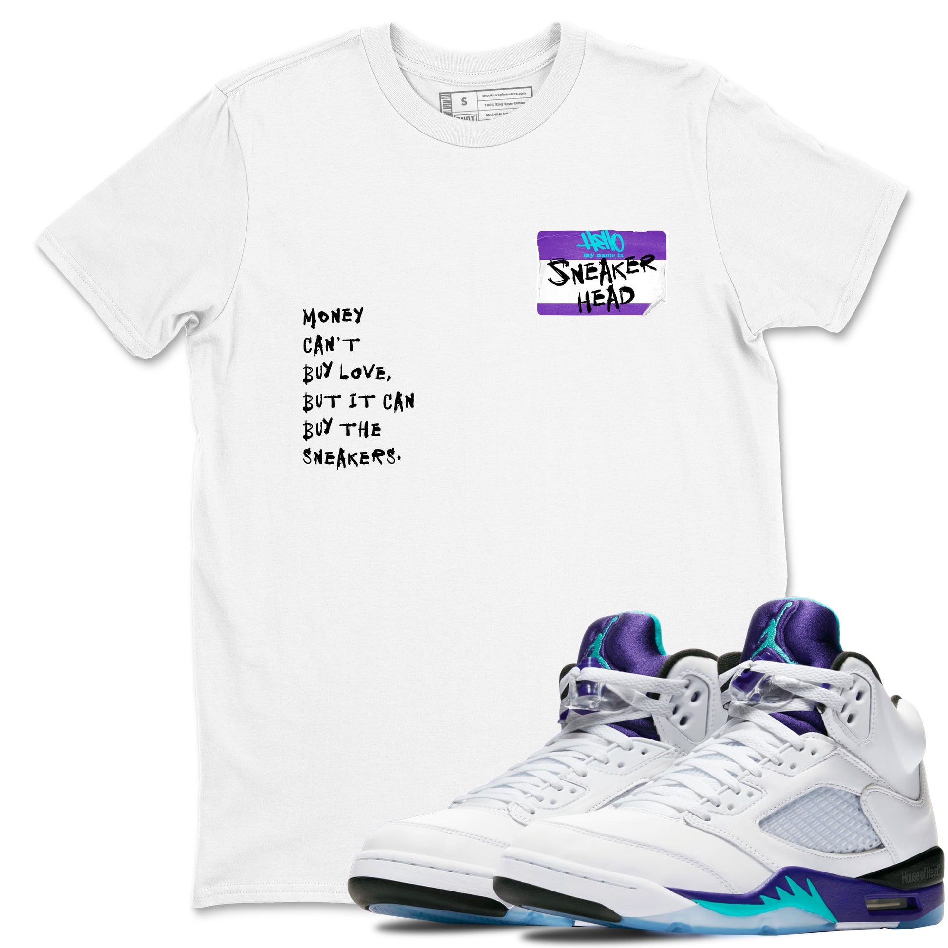 Sneakerhead Badge sneaker match t-shirt styled to complete your fit with the Air Jordan 5 Grape sneakers, shown in White 1.