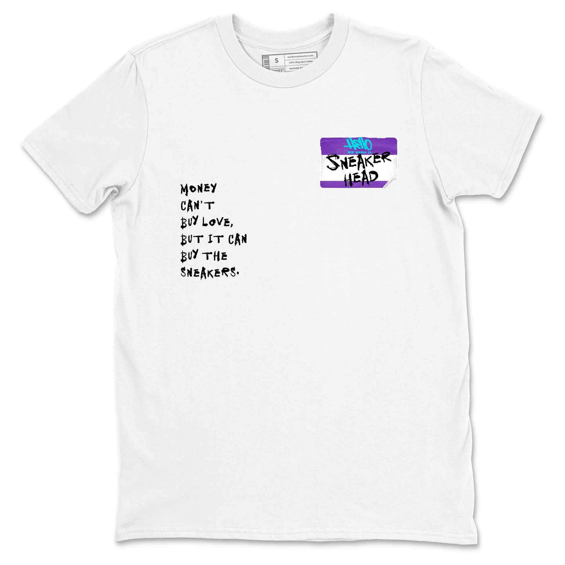 Sneakerhead Badge sneaker match t-shirt styled to complete your fit with the Air Jordan 5 Grape sneakers, shown in White 2.