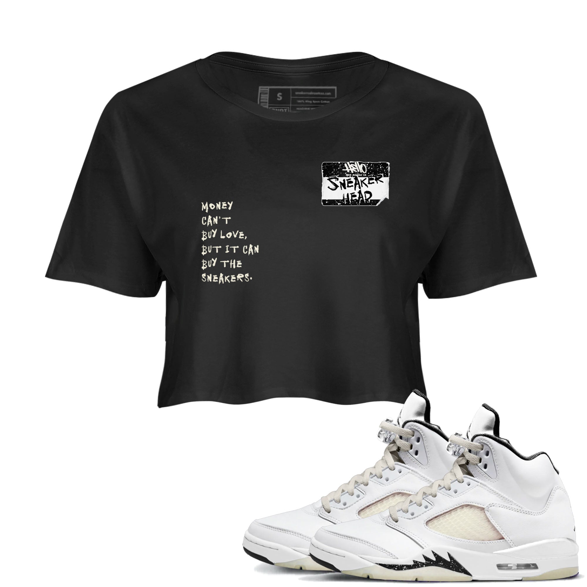 5s Sail shirt to match jordans Sneakerhead Badge sneaker tees Air Jordan 5 Sail SNRT Sneaker Release Tees Black 1 crop length shirt