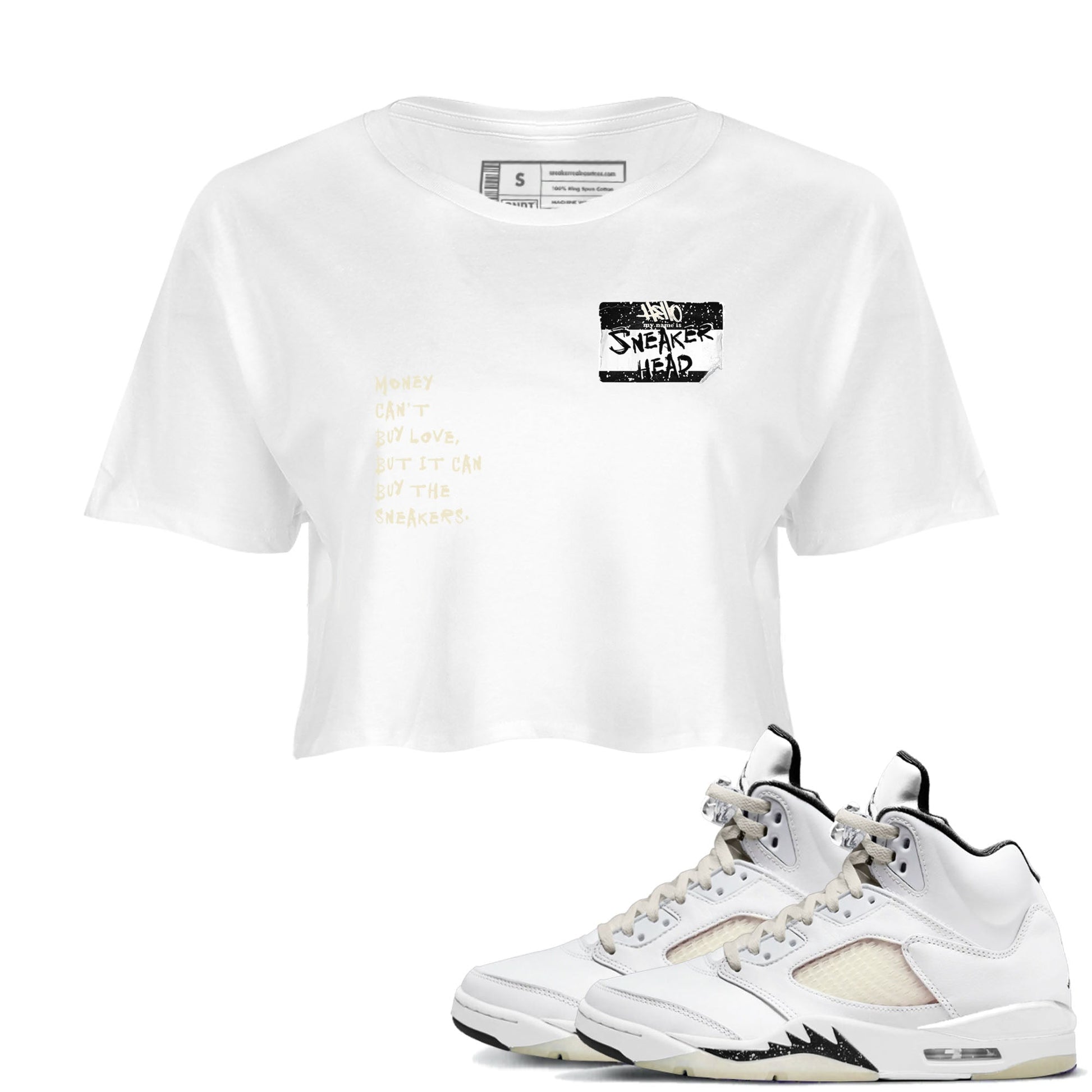 5s Sail shirt to match jordans Sneakerhead Badge sneaker tees Air Jordan 5 Sail SNRT Sneaker Release Tees White 1 crop length shirt