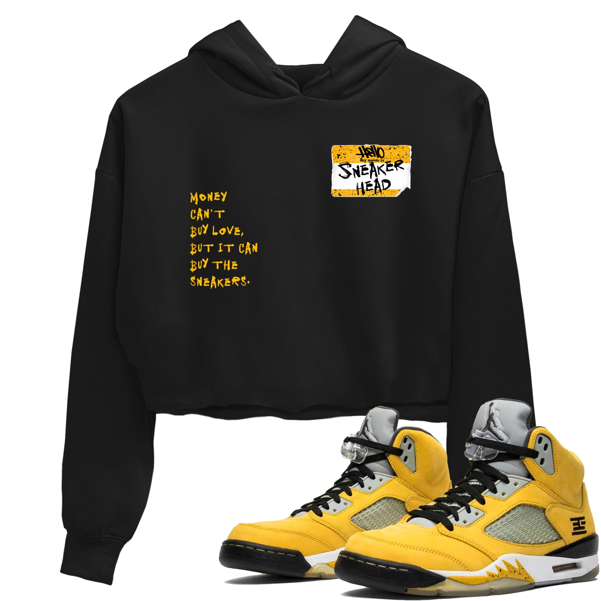 Sneakerhead Badge womens crop tee made to vibe with the Air Jordan 5 Tokyo sneakers — the perfect match in Black 1.