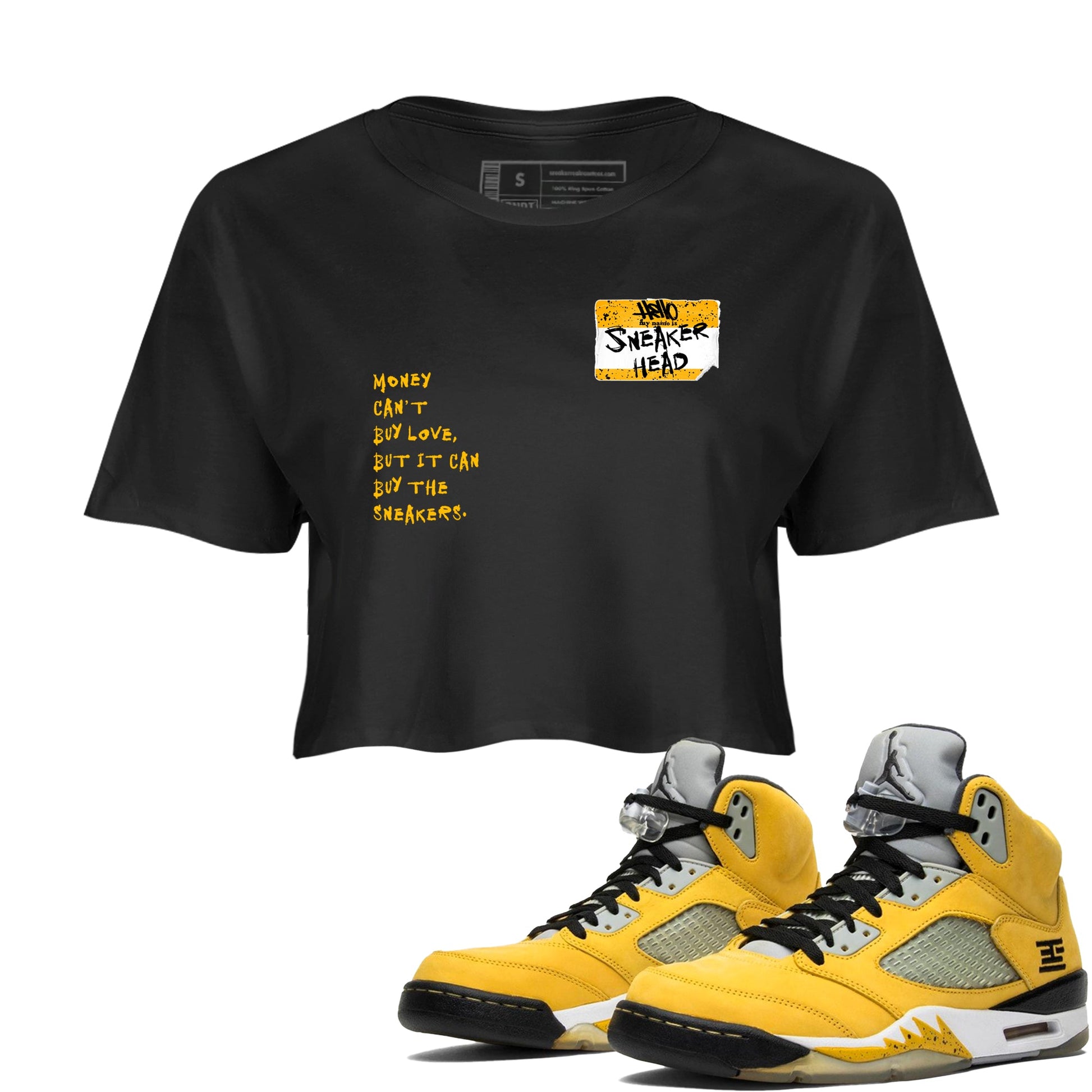 Sneakerhead Badge womens crop tee made to vibe with the Air Jordan 5 Tokyo sneakers — the perfect match in Black 1.