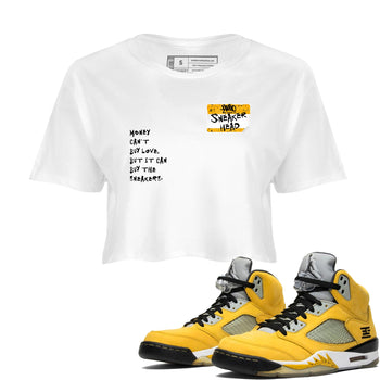 Sneakerhead Badge womens crop tee made to vibe with the Air Jordan 5 Tokyo sneakers — the perfect match in White 1.