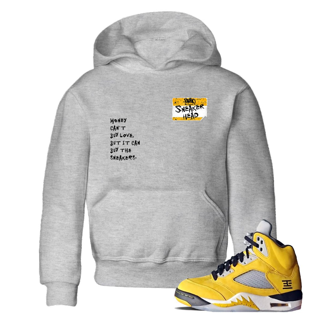 Sneakerhead Badge baby and kids t-shirt crafted for little sneakerheads to shine with the Air Jordan 5 Tokyo sneakers, displayed in Heather Grey 1.