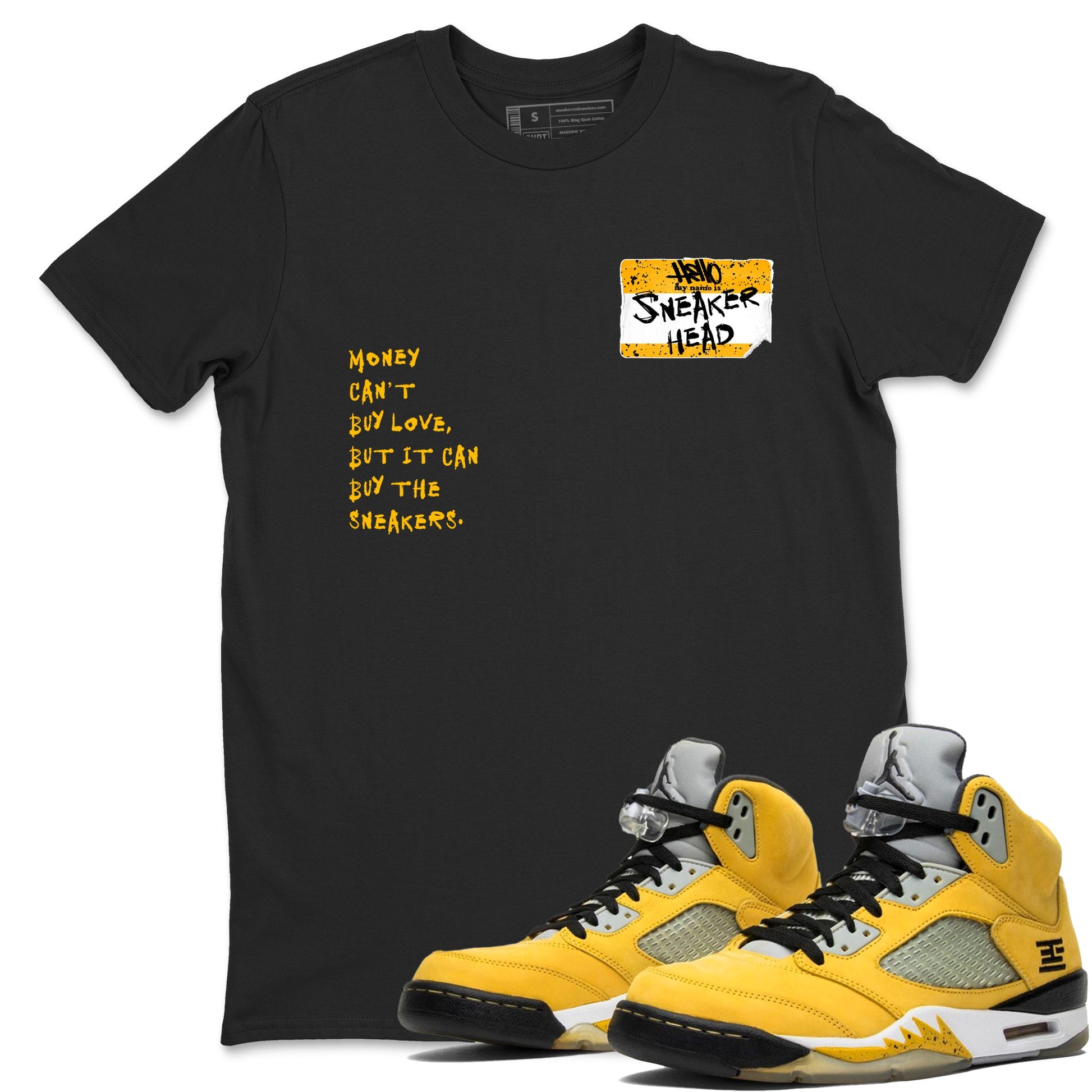Sneakerhead Badge sneaker match t-shirt styled to complete your fit with the Air Jordan 5 Tokyo sneakers, shown in Black 1.