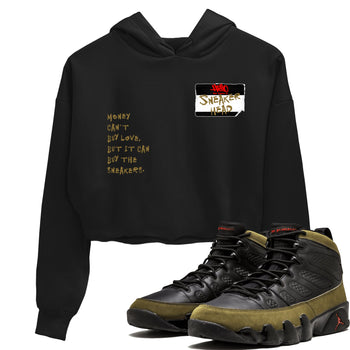 9s Olive shirts to match jordans Sneakerhead Badge sneaker match tees Air Jordan 9 Olive match shoes to clothes SNRT Sneaker Tees unisex cotton Black 1 crop tee