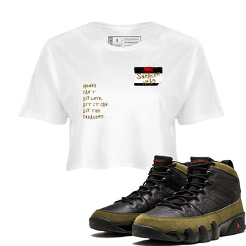 9s Olive shirts to match jordans Sneakerhead Badge sneaker match tees Air Jordan 9 Olive match shoes to clothes SNRT Sneaker Tees unisex cotton White 1 crop tee