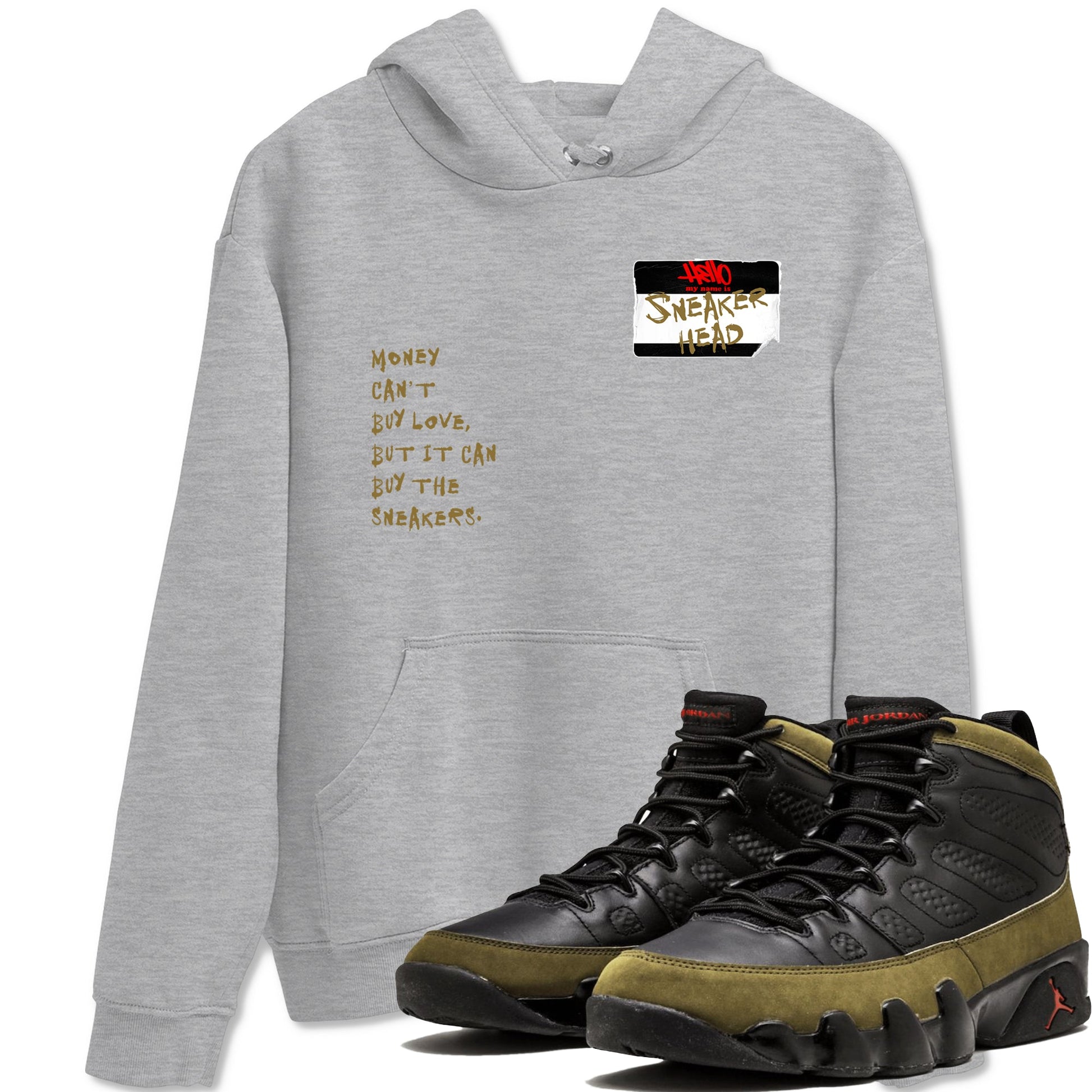 9s Olive shirts to match jordans Sneakerhead Badge sneaker match tees Air Jordan 9 Olive match shoes to clothes SNRT Sneaker Tees unisex cotton Heather Grey 1 shirts