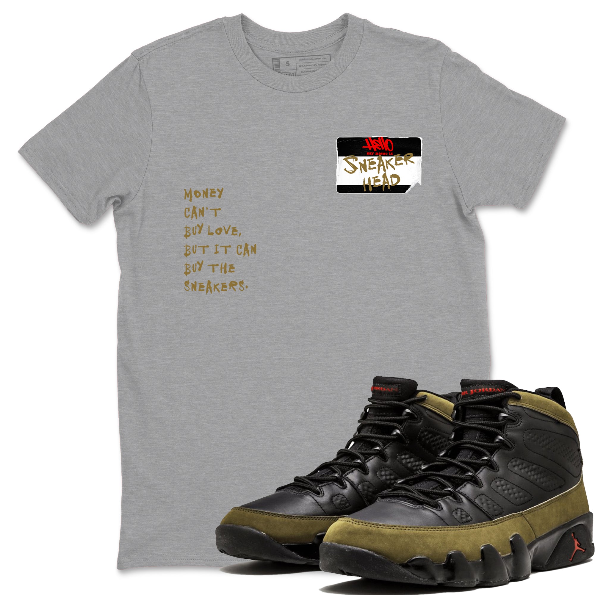 9s Olive shirts to match jordans Sneakerhead Badge sneaker match tees Air Jordan 9 Olive match shoes to clothes SNRT Sneaker Tees unisex cotton Heather Grey 1 shirts
