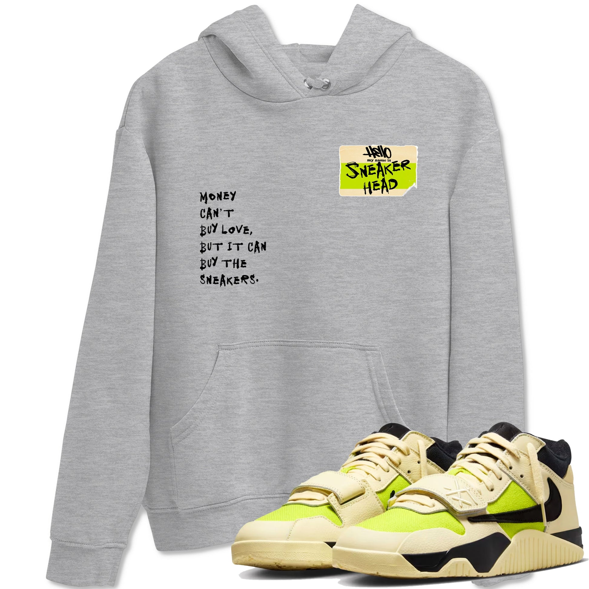 Sneakerhead Badge sneaker match t-shirt styled to complete your fit with the Jordan Jumpman Jack Travis Scott Bright Cactus sneakers, shown in Heather Grey 1.
