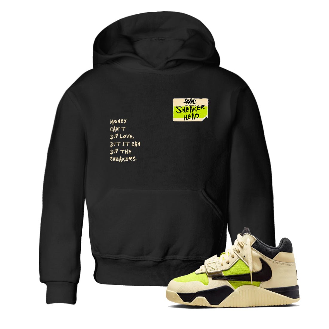 Sneakerhead Badge baby and kids t-shirt crafted for little sneakerheads to shine with the Jordan Jumpman Jack Travis Scott Bright Cactus sneakers, displayed in Black 1.