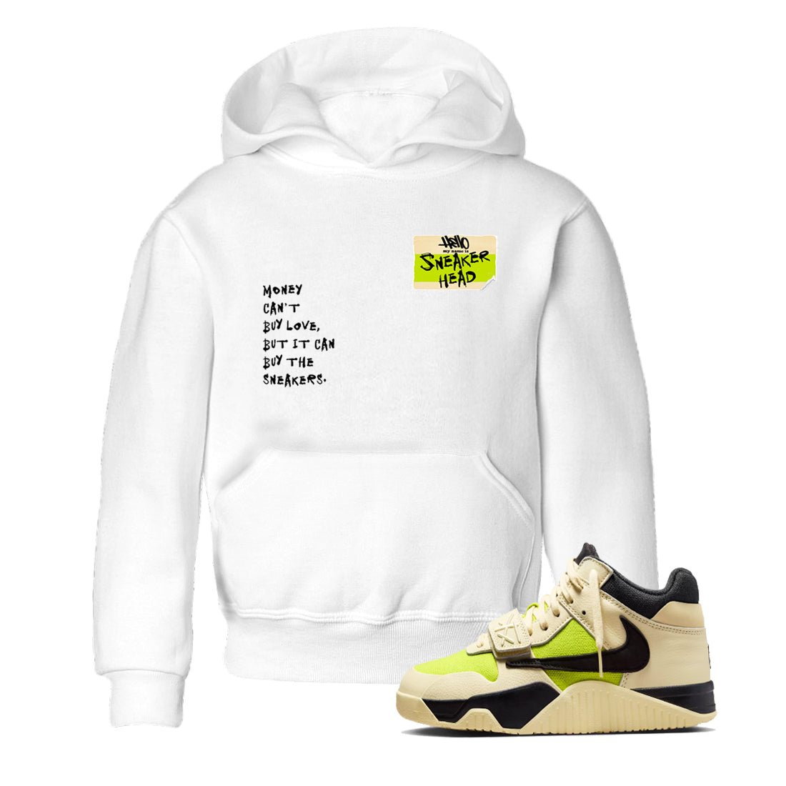 Sneakerhead Badge baby and kids t-shirt crafted for little sneakerheads to shine with the Jordan Jumpman Jack Travis Scott Bright Cactus sneakers, displayed in White 1.