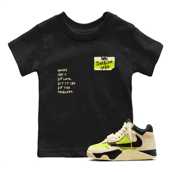 Sneakerhead Badge baby and kids t-shirt crafted for little sneakerheads to shine with the Jordan Jumpman Jack Travis Scott Bright Cactus sneakers, displayed in Black 1.