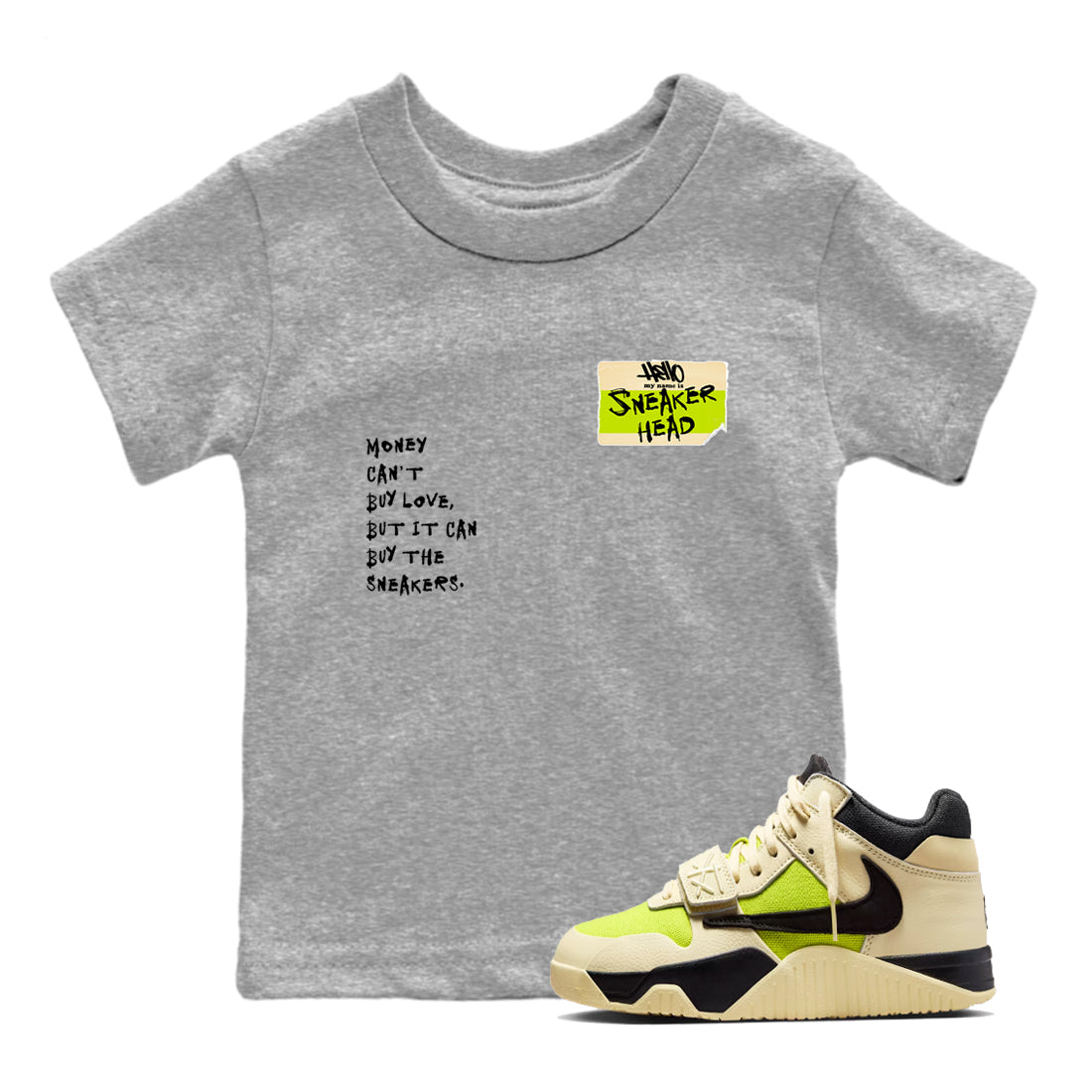 Sneakerhead Badge baby and kids t-shirt crafted for little sneakerheads to shine with the Jordan Jumpman Jack Travis Scott Bright Cactus sneakers, displayed in Heather Grey 1.