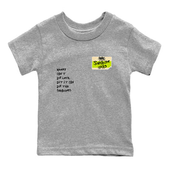 Sneakerhead Badge baby and kids t-shirt crafted for little sneakerheads to shine with the Jordan Jumpman Jack Travis Scott Bright Cactus sneakers, displayed in Heather Grey 2.