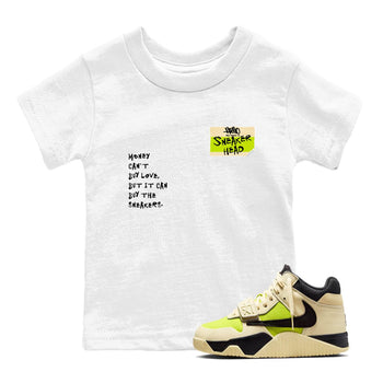 Sneakerhead Badge baby and kids t-shirt crafted for little sneakerheads to shine with the Jordan Jumpman Jack Travis Scott Bright Cactus sneakers, displayed in White 1.