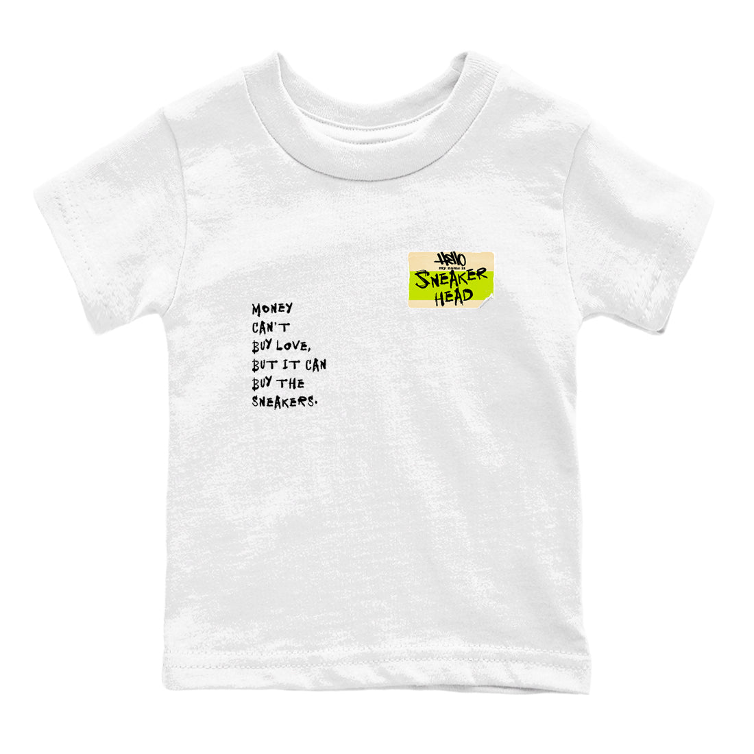 Sneakerhead Badge baby and kids t-shirt crafted for little sneakerheads to shine with the Jordan Jumpman Jack Travis Scott Bright Cactus sneakers, displayed in White 2.