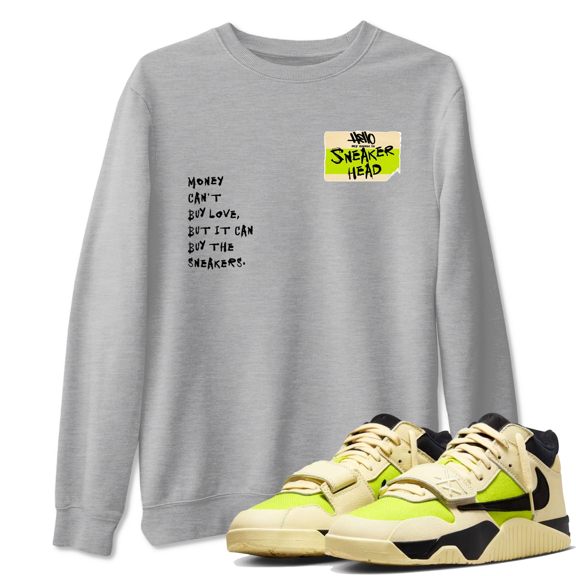 Sneakerhead Badge sneaker match t-shirt styled to complete your fit with the Jordan Jumpman Jack Travis Scott Bright Cactus sneakers, shown in Heather Grey 1.