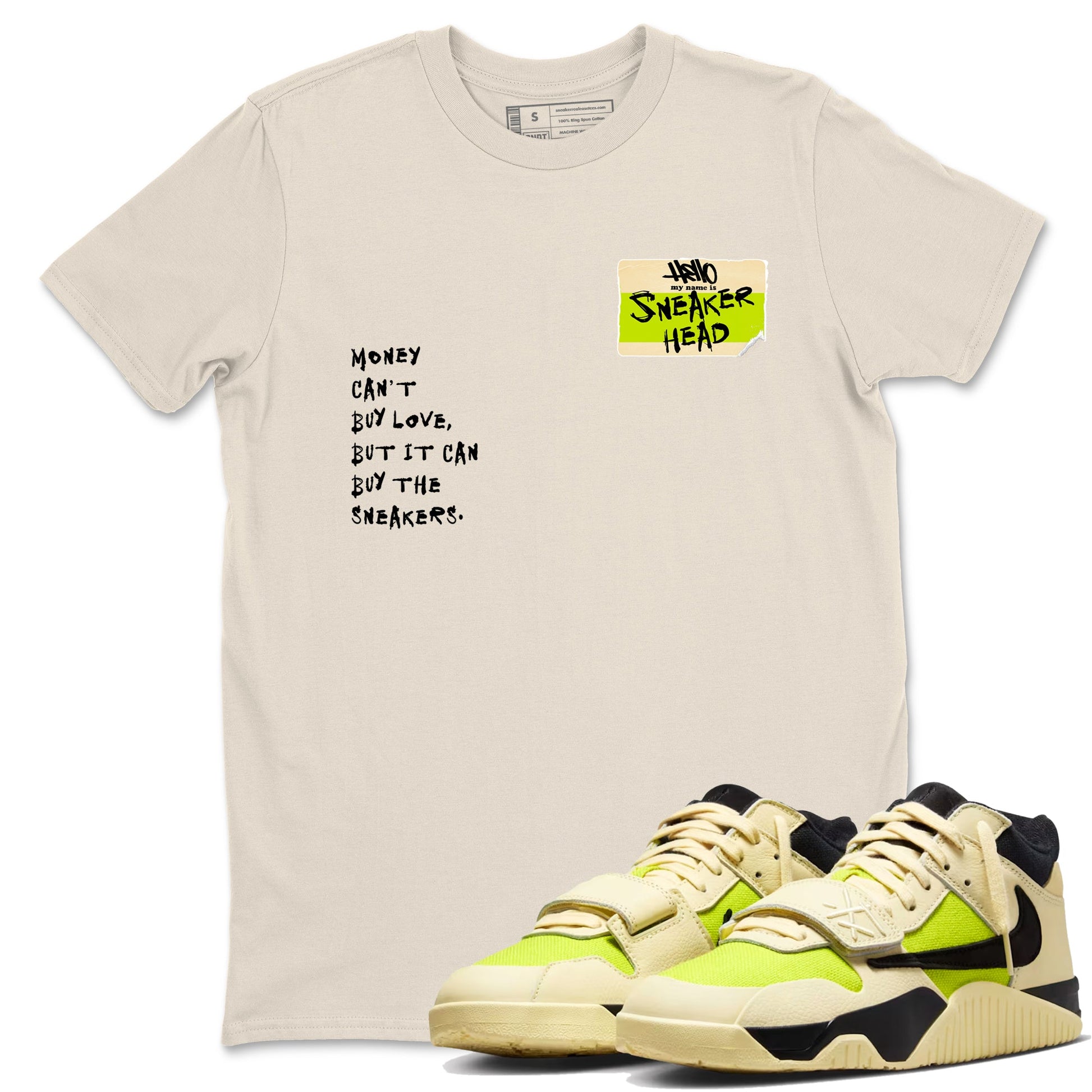 Sneakerhead Badge sneaker match t-shirt styled to complete your fit with the Jordan Jumpman Jack Travis Scott Bright Cactus sneakers, shown in Natural 1.