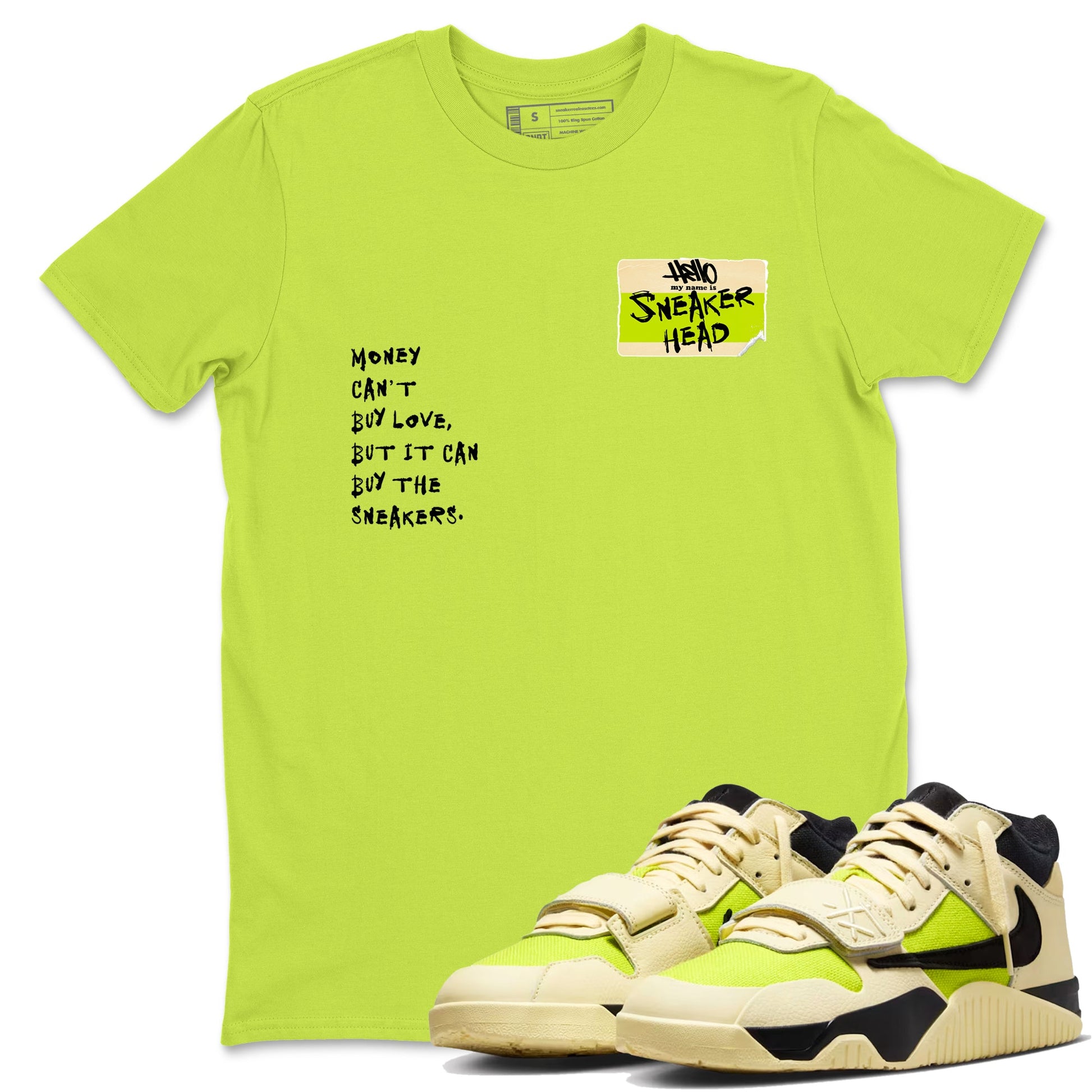 Sneakerhead Badge sneaker match t-shirt styled to complete your fit with the Jordan Jumpman Jack Travis Scott Bright Cactus sneakers, shown in Safety Green 1.
