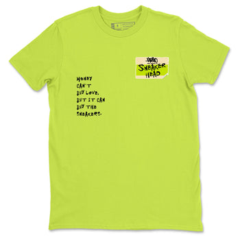 Sneakerhead Badge sneaker match t-shirt styled to complete your fit with the Jordan Jumpman Jack Travis Scott Bright Cactus sneakers, shown in Safety Green 2.
