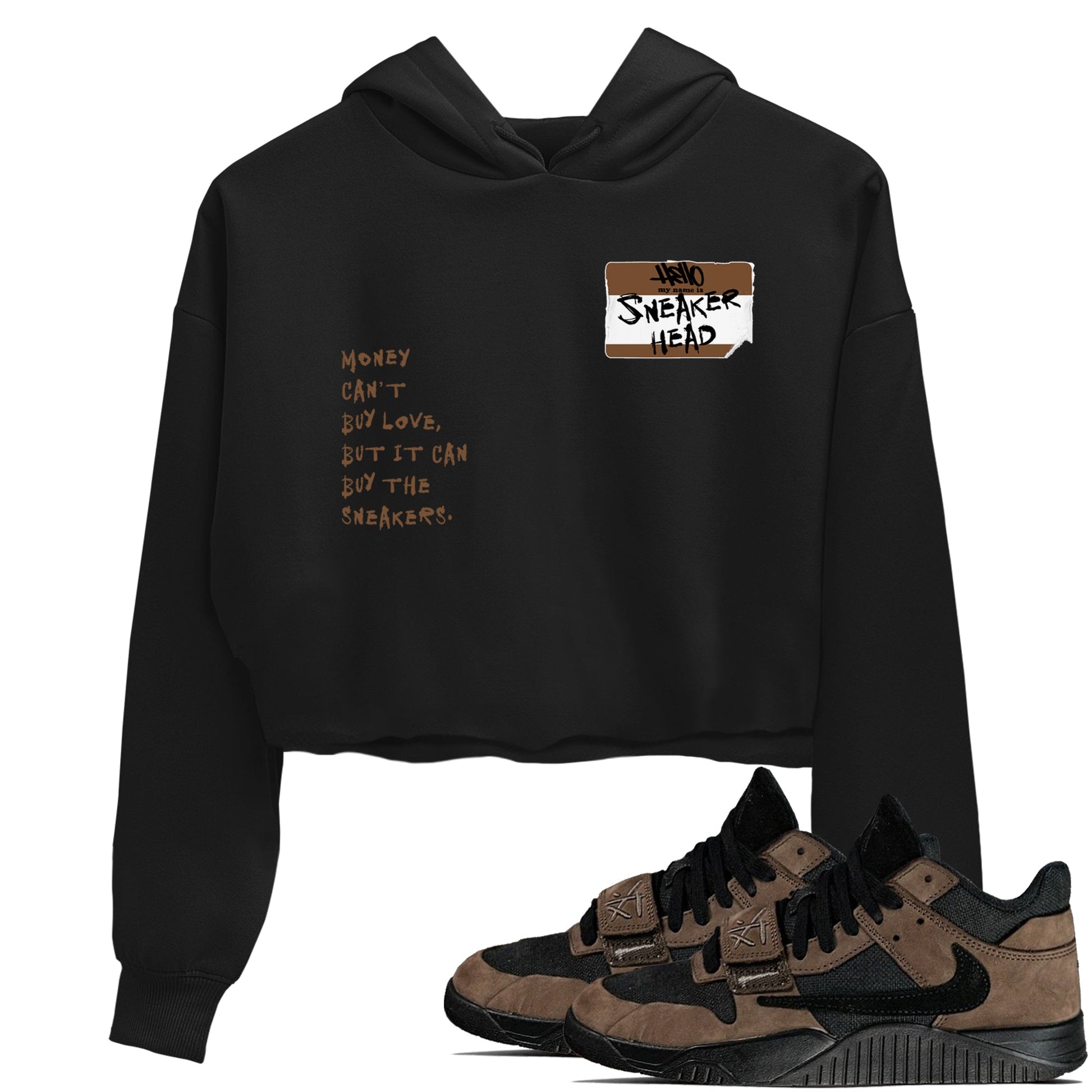Jordan Jumpman Jack TR Travis Scott Dark Mocha shirts to match jordans Sneakerhead Badge sneaker match tees Jordan Jumpman Jack Travis Scott Dark Mocha match shoes to clothes SNRT Sneaker Tees unisex cotton Black 1 crop tee