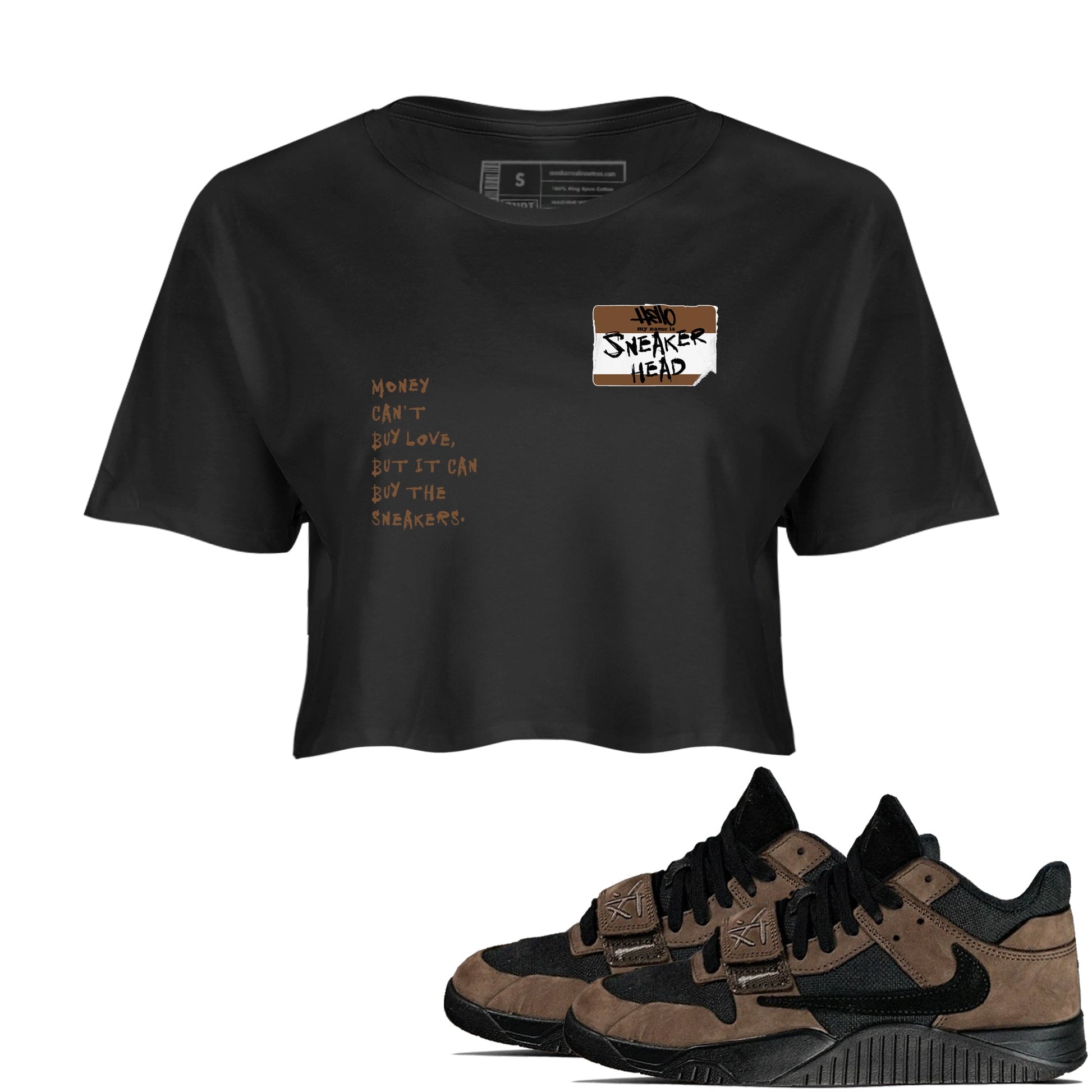 Jordan Jumpman Jack TR Travis Scott Dark Mocha shirts to match jordans Sneakerhead Badge sneaker match tees Jordan Jumpman Jack Travis Scott Dark Mocha match shoes to clothes SNRT Sneaker Tees unisex cotton Black 1 crop tee