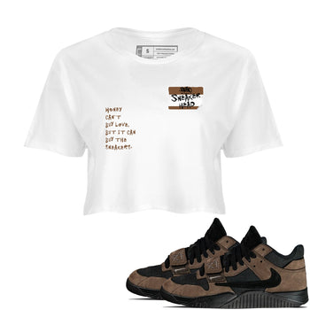 Jordan Jumpman Jack TR Travis Scott Dark Mocha shirts to match jordans Sneakerhead Badge sneaker match tees Jordan Jumpman Jack Travis Scott Dark Mocha match shoes to clothes SNRT Sneaker Tees unisex cotton White 1 crop tee