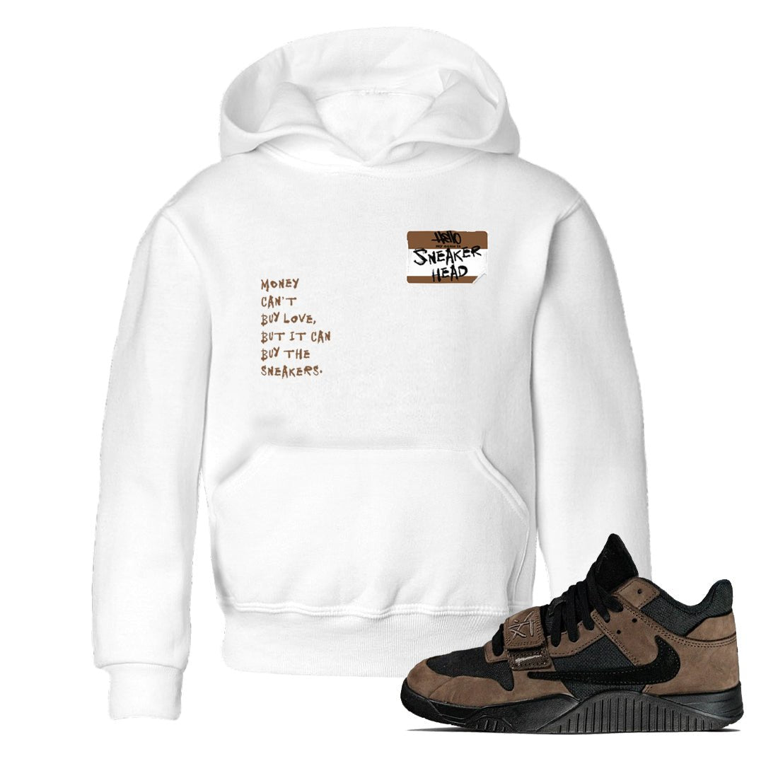 Jordan Jumpman Jack TR Travis Scott Dark Mocha shirts to match jordans Sneakerhead Badge sneaker match tees Jordan Jumpman Jack Travis Scott Dark Mocha match shoes to clothes SNRT Sneaker Tees Youth Baby White 1 tee