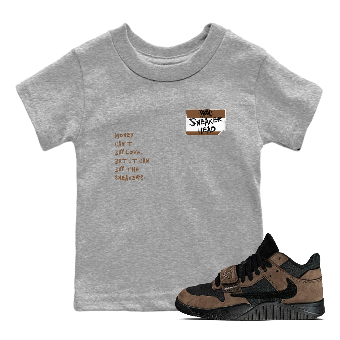 Jordan Jumpman Jack TR Travis Scott Dark Mocha shirts to match jordans Sneakerhead Badge sneaker match tees Jordan Jumpman Jack Travis Scott Dark Mocha match shoes to clothes SNRT Sneaker Tees Youth Baby Heather Grey 1 tee