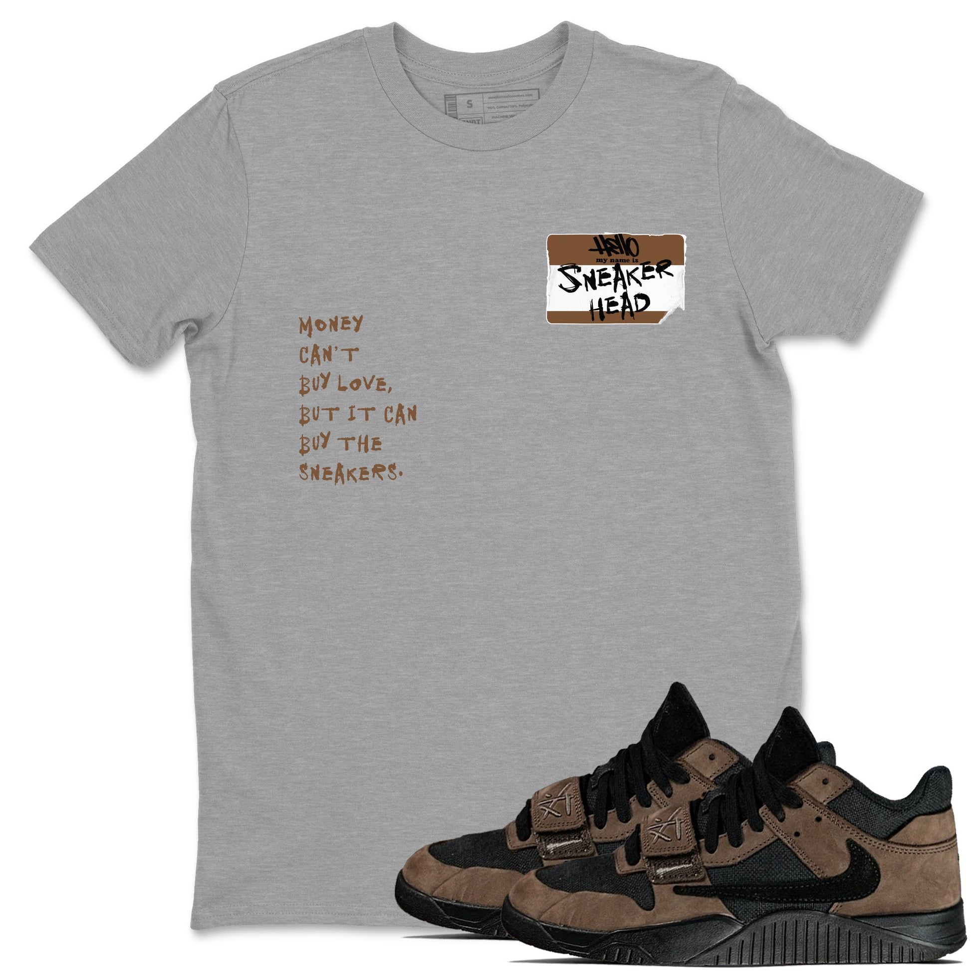 Jordan Jumpman Jack TR Travis Scott Dark Mocha shirts to match jordans Sneakerhead Badge sneaker match tees Jordan Jumpman Jack Travis Scott Dark Mocha match shoes to clothes SNRT Sneaker Tees unisex cotton Heather Grey 1 shirts