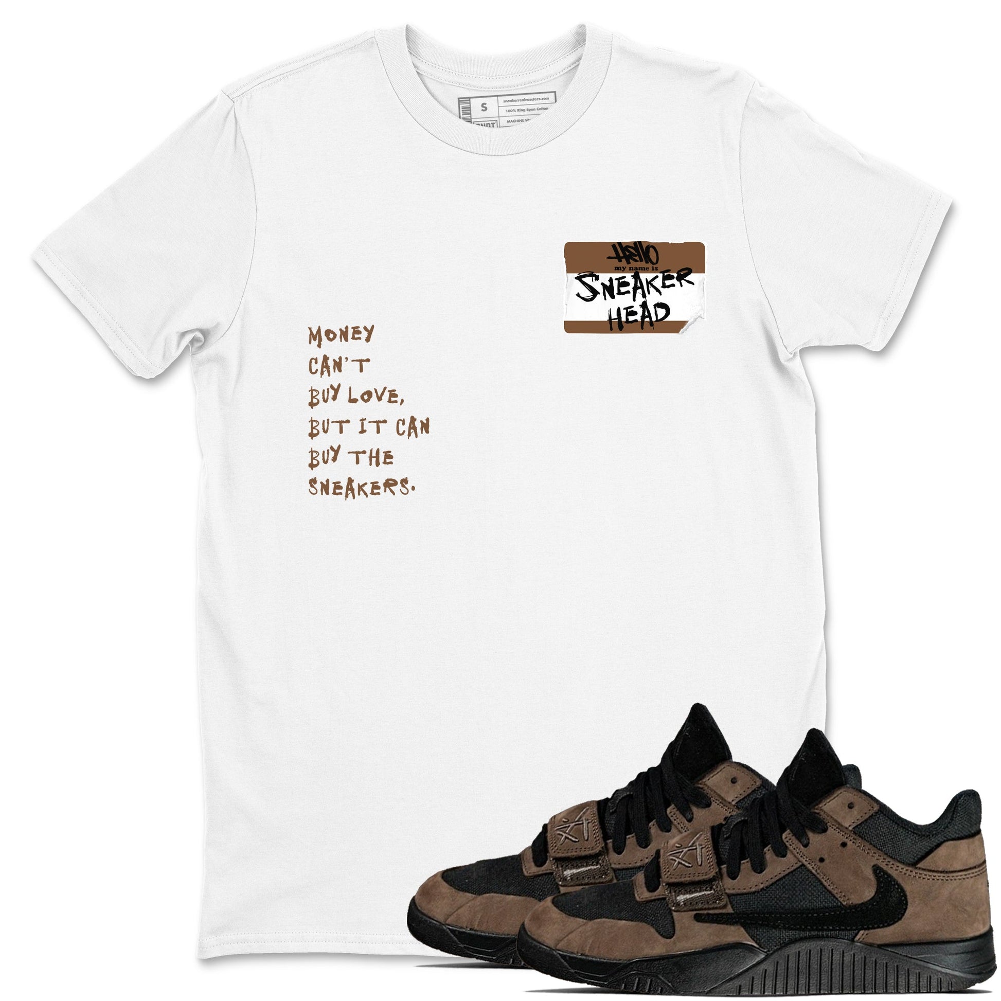 Jordan Jumpman Jack TR Travis Scott Dark Mocha shirts to match jordans Sneakerhead Badge sneaker match tees Jordan Jumpman Jack Travis Scott Dark Mocha match shoes to clothes SNRT Sneaker Tees unisex cotton White 1 shirts