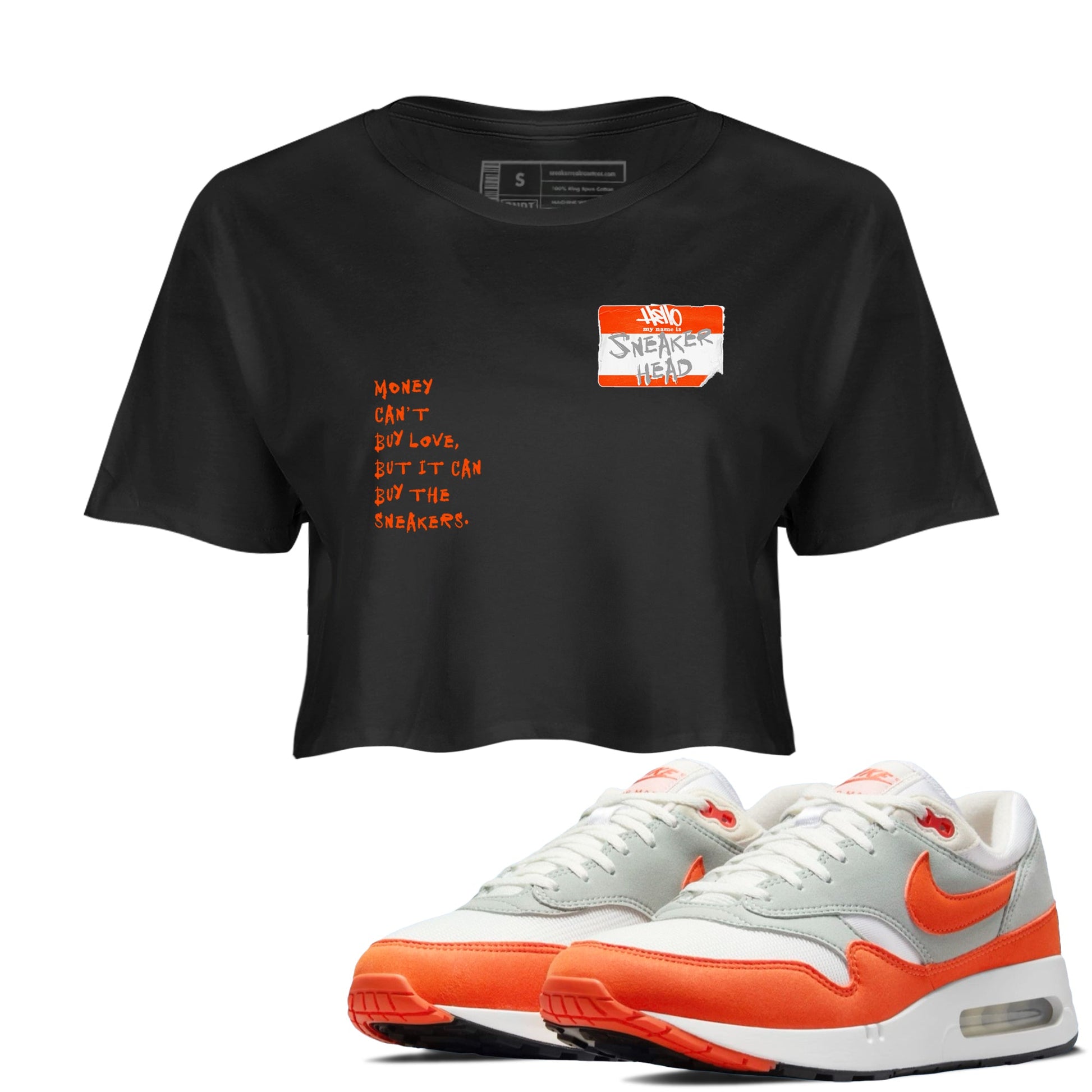 Air Max 1 OG '86 'Summit White and Cosmic Clay shirts to match jordans Sneakerhead Badge sneaker match tees Air Max 1 Cosmic Clay match shoes to clothes SNRT Sneaker Tees unisex cotton Black 1 crop tee