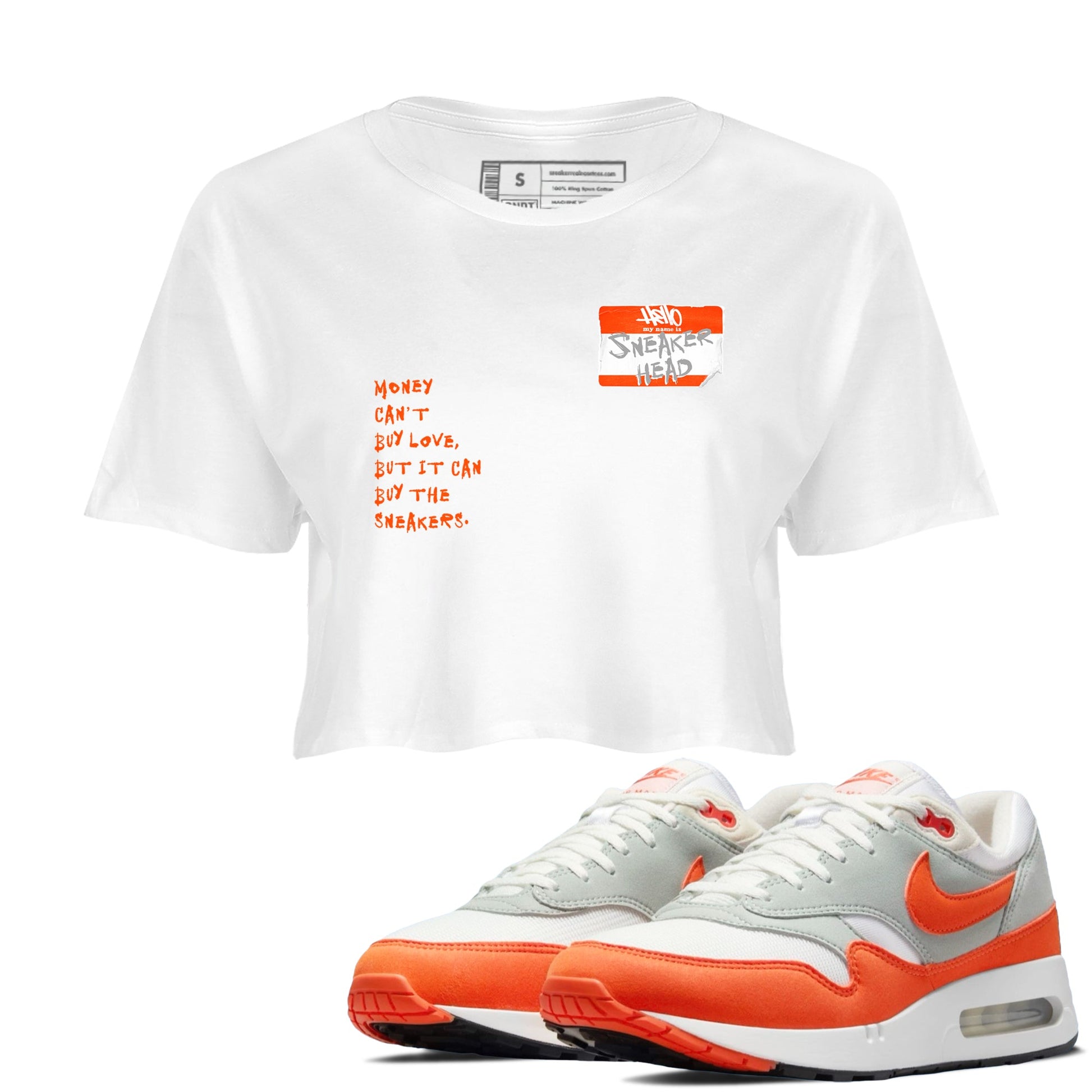 Air Max 1 OG '86 'Summit White and Cosmic Clay shirts to match jordans Sneakerhead Badge sneaker match tees Air Max 1 Cosmic Clay match shoes to clothes SNRT Sneaker Tees unisex cotton White 1 crop tee