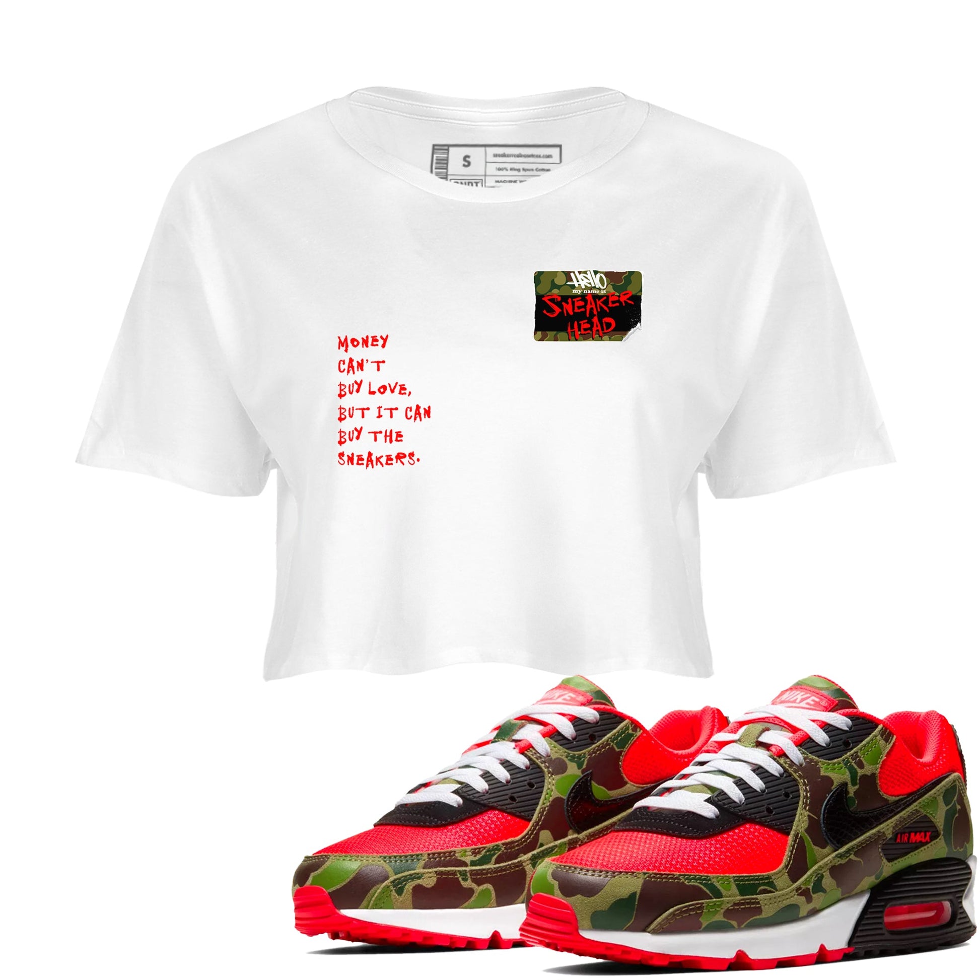 Air Max 90 Duck Camo shirts to match jordans Sneakerhead Badge sneaker match tees Air Max 90 Reverse Duck Camo match shoes to clothes SNRT Sneaker Tees unisex cotton White 1 crop tee