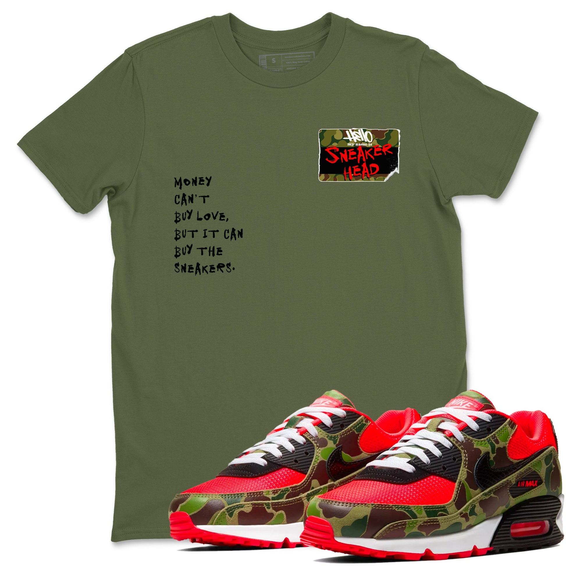 Air Max 90 Duck Camo shirts to match jordans Sneakerhead Badge sneaker match tees Air Max 90 Reverse Duck Camo match shoes to clothes SNRT Sneaker Tees unisex cotton Military Green 1 shirts