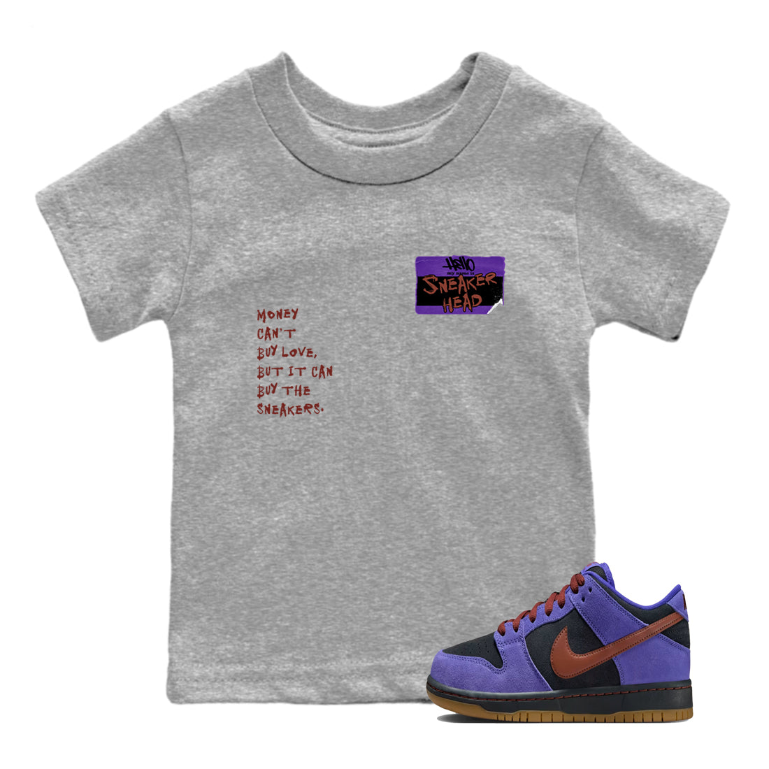 Sneaker match tees – Sneaker Threads To Match Dunk Low Persian Violet Shoes – Sneakerhead Badge Kids T-Shirt Heather Grey 1