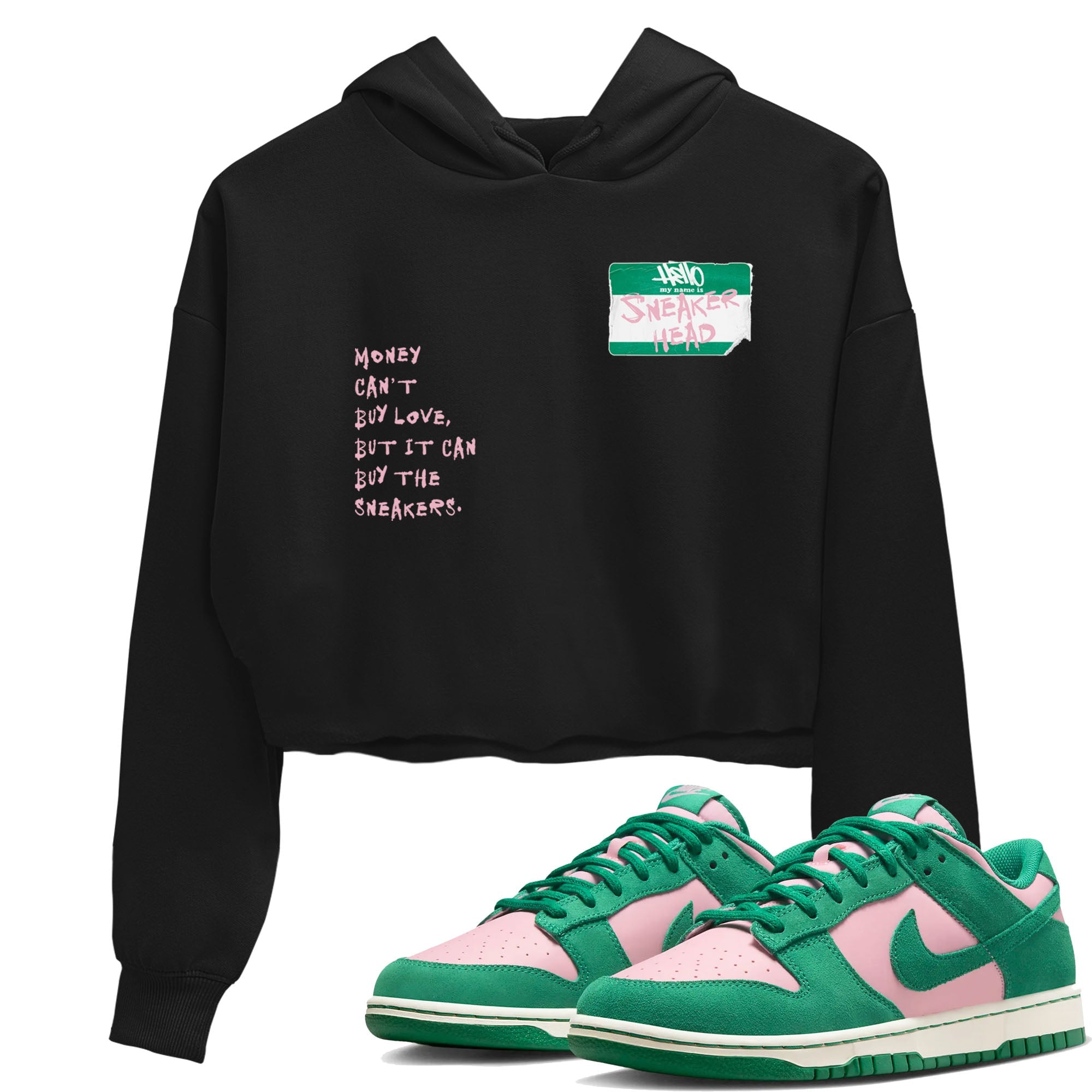 Dunk Medium Soft Pink Malachite shirt to match jordans Sneakerhead Badge sneaker tees Dunk Medium Soft Pink Malachite SNRT Sneaker Release Tees Black 1 crop length shirt