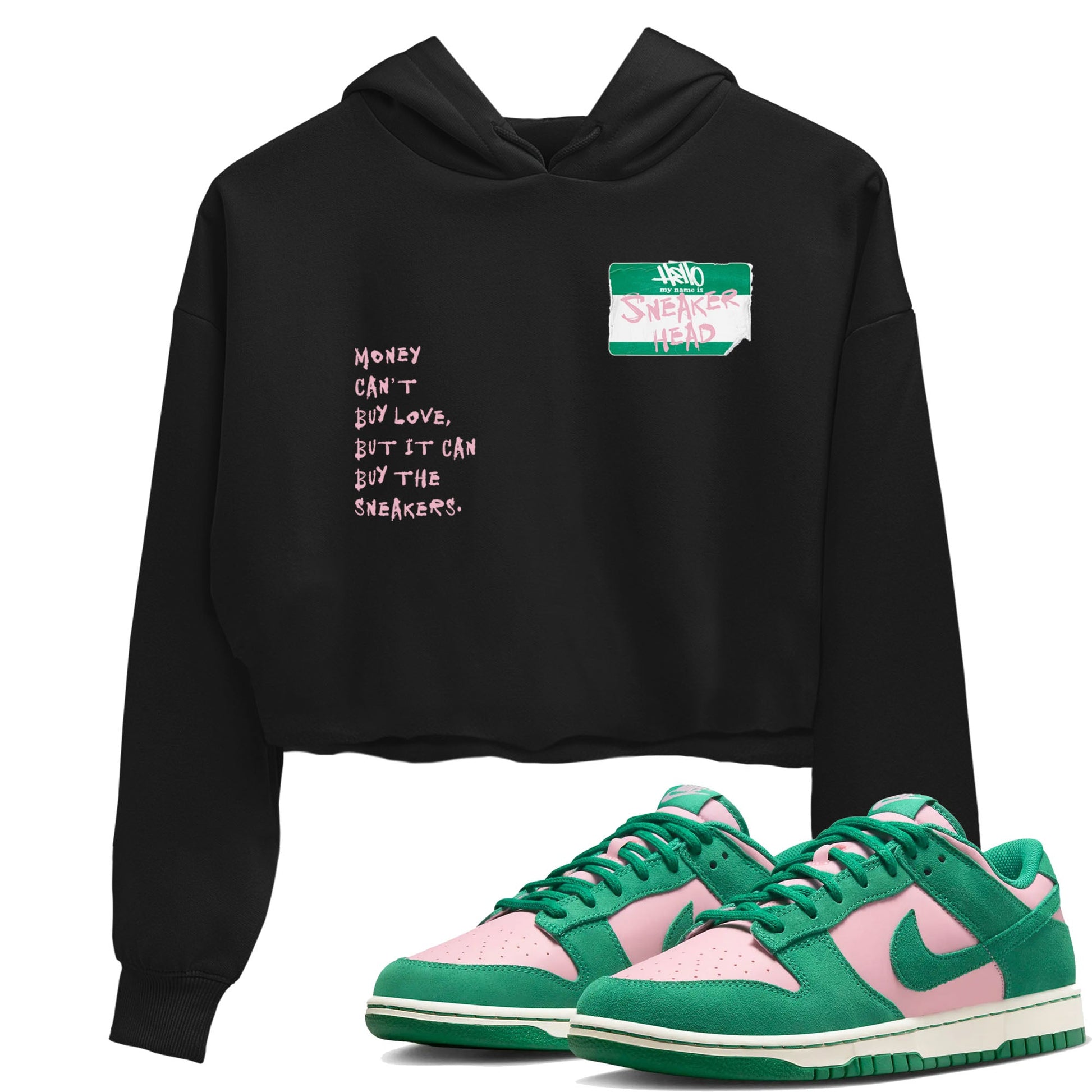 Dunk Medium Soft Pink Malachite shirt to match jordans Sneakerhead Badge sneaker tees Dunk Medium Soft Pink Malachite SNRT Sneaker Release Tees Black 1 crop length shirt