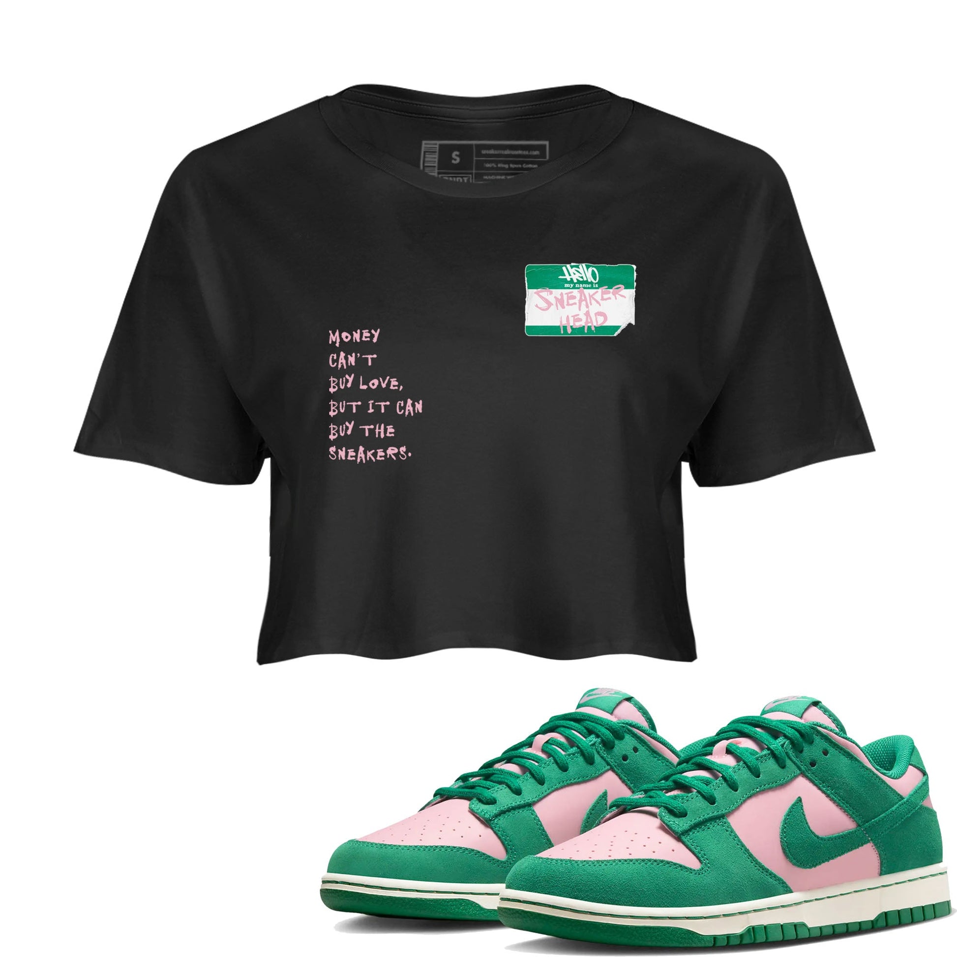 Dunk Medium Soft Pink Malachite shirt to match jordans Sneakerhead Badge sneaker tees Dunk Medium Soft Pink Malachite SNRT Sneaker Release Tees Black 1 crop length shirt